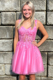 Pink Sleeveless Sweetheart A-Line Short Tulle Homecoming Dresses with Appliques