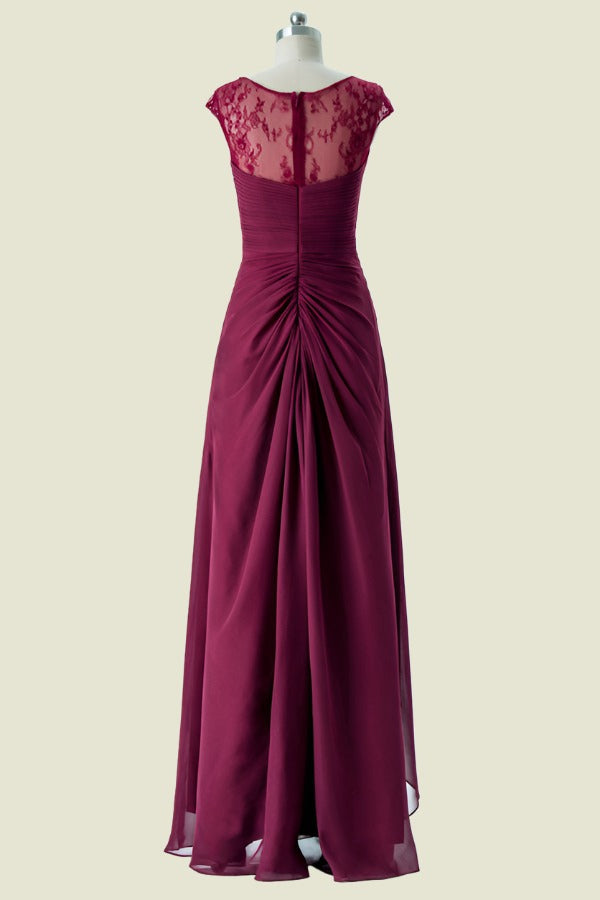 Burgundy Capped V-Neck A-Line Chiffon Floor-Length Bridesmaid Dresses