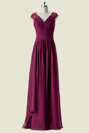 Burgundy Capped V-Neck A-Line Chiffon Floor-Length Bridesmaid Dresses