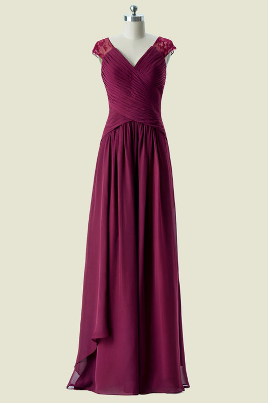 Burgundy V Neck A Line Pleated Chiffon Long Bridesmaid Dress Front Side