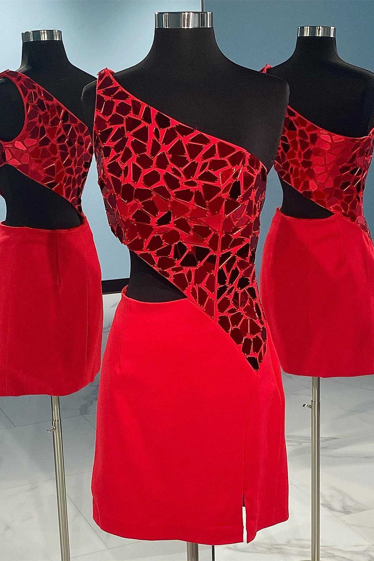 Red Cut Glass Mirror One-Shoulder Sleeveless Short Homecoming Dresses with Slit