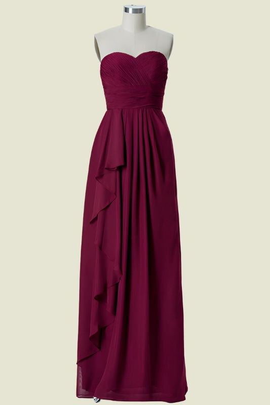 Burgundy Strapless A-Line Pleated Chiffon Long Bridesmaid Dress Front Side