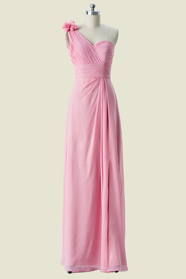 Pink One-Shoulder A-Line Chiffon Bridesmaid Dresses with Flower