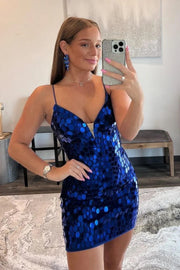 Sexy Royal Blue Sequined Spaghetti Straps V-Neck Short Homecoming Dresses