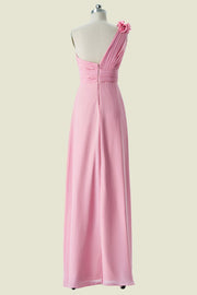 Pink One-Shoulder A-Line Chiffon Bridesmaid Dresses with Flower