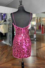 Sexy Fuchsia Sequined Spaghetti Straps V-Neck Short Homecoming Dresses