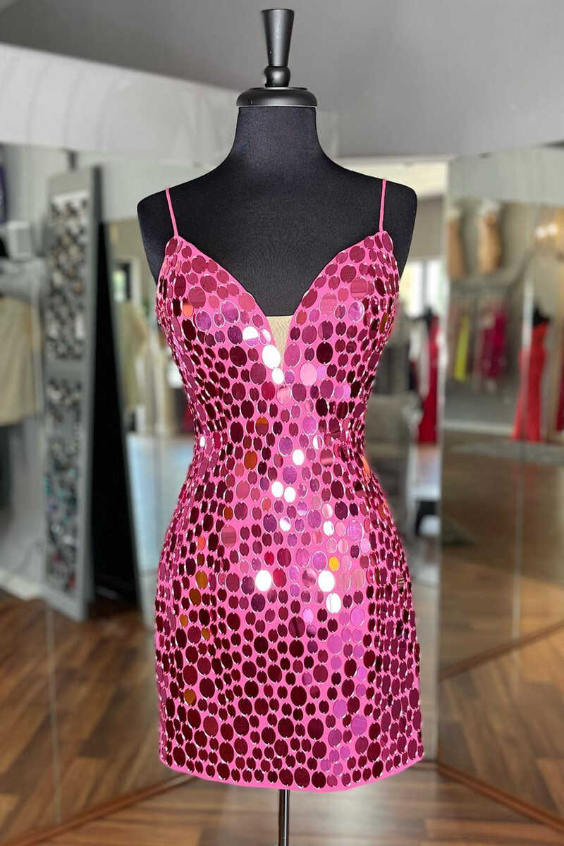 Sexy Fuchsia Sequined Spaghetti Straps V-Neck Short Homecoming Dresses