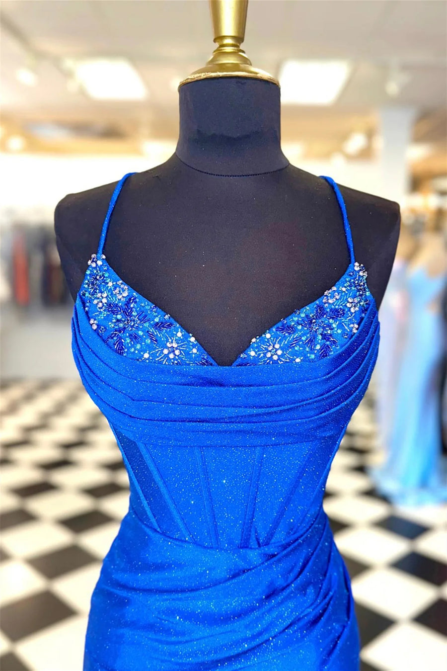 Royal Blue Spaghetti Straps V-Neck Mermaid Sequined Satin Short Homecoming Dresses with Rhinestones