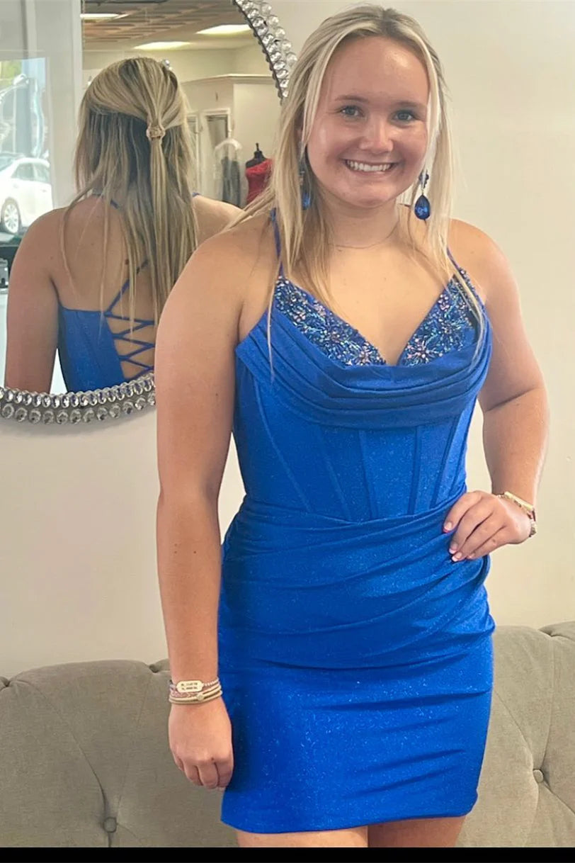 Royal Blue Spaghetti Straps V-Neck Mermaid Sequined Satin Short Homecoming Dresses with Rhinestones