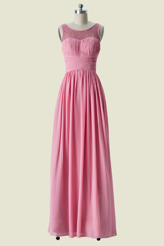 Coral Sheer Straps A Line Pleated Chiffon Long Bridesmaid Dress Front Side