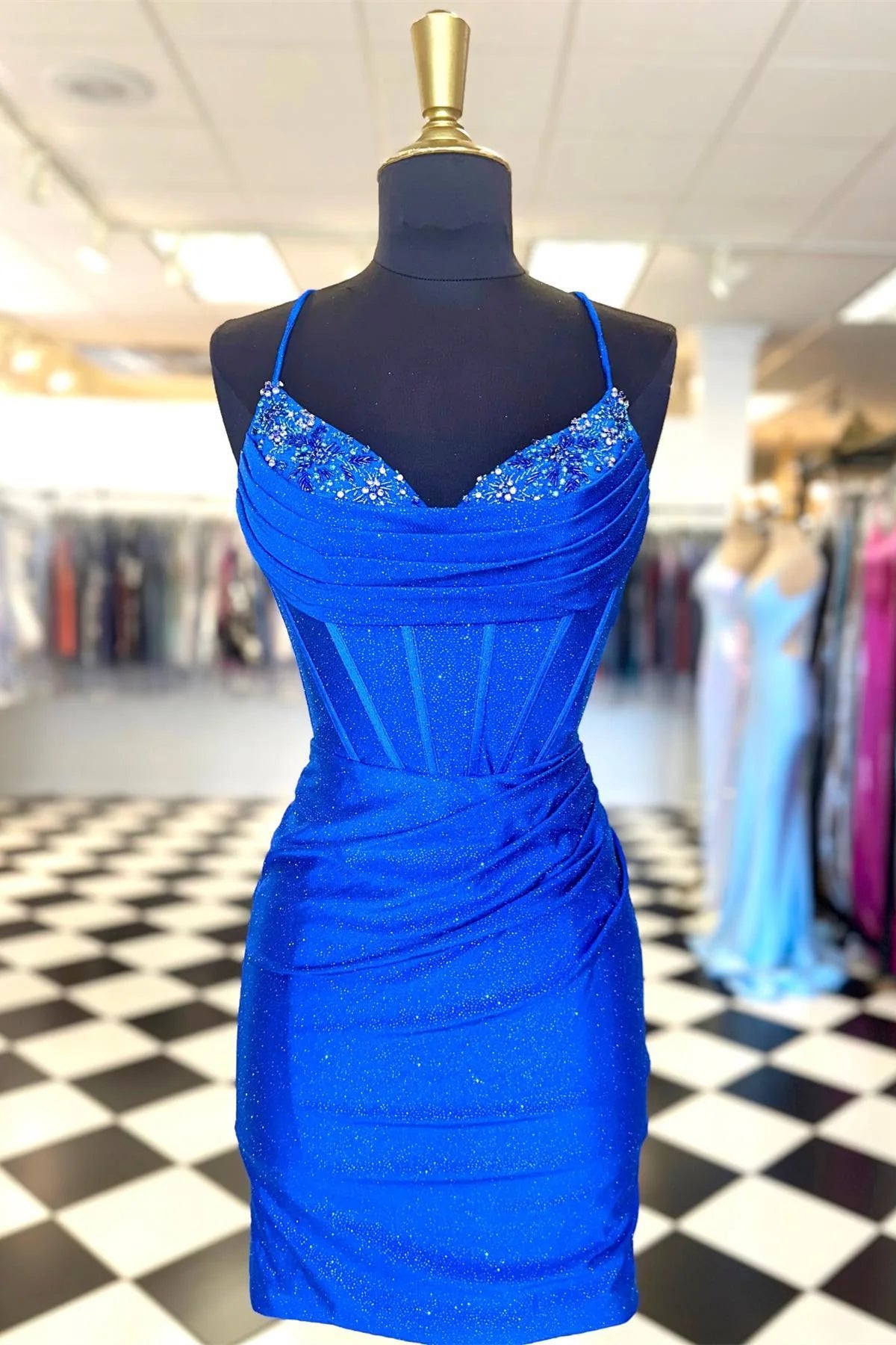 Royal Blue Spaghetti Straps V-Neck Mermaid Sequined Satin Short Homecoming Dresses with Rhinestones