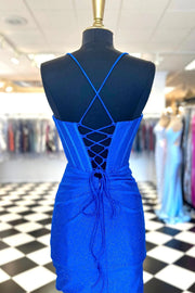 Royal Blue Spaghetti Straps V-Neck Mermaid Sequined Satin Short Homecoming Dresses with Rhinestones