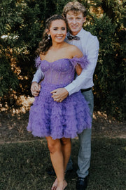 Purple Beaded Off-The-Shoulder A-Line Tulle Short Homecoming Dresses with Fur