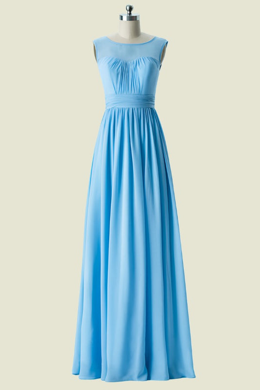 Blue Sheer Straps A-Line Pleated Chiffon Long Bridesmaid Dress Front Side