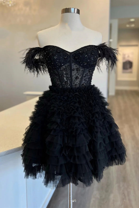 Black Beaded Off the Shoulder A Line Tiered Ruffles Short Homecoming Dress Front Side
