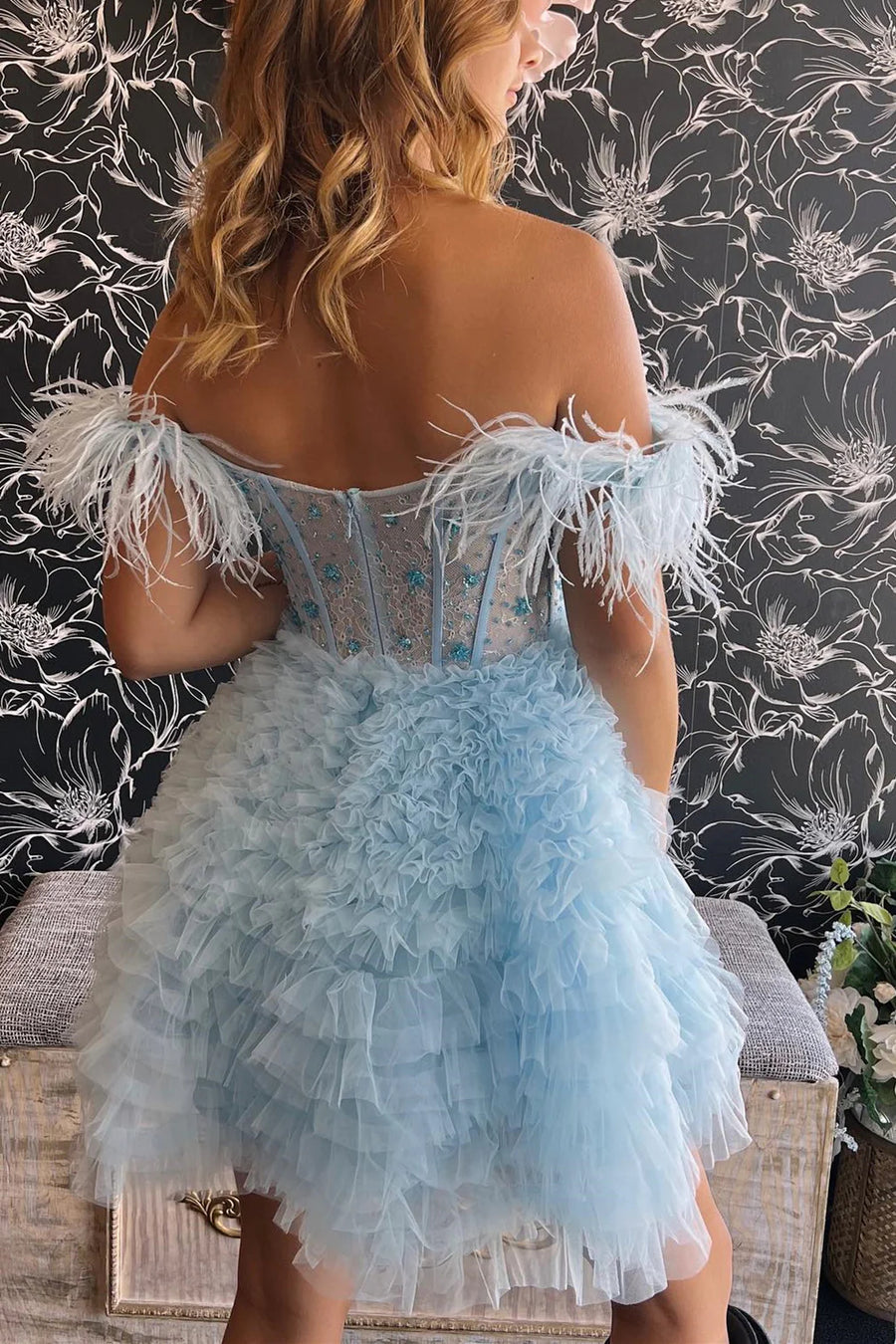 Sky Blue Beaded Off-The-Shoulder A-Line Tulle Short Homecoming Dresses with Fur