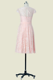 Pink V-Neck A-Line Short Lace Bridesmaid Dresses with Sash