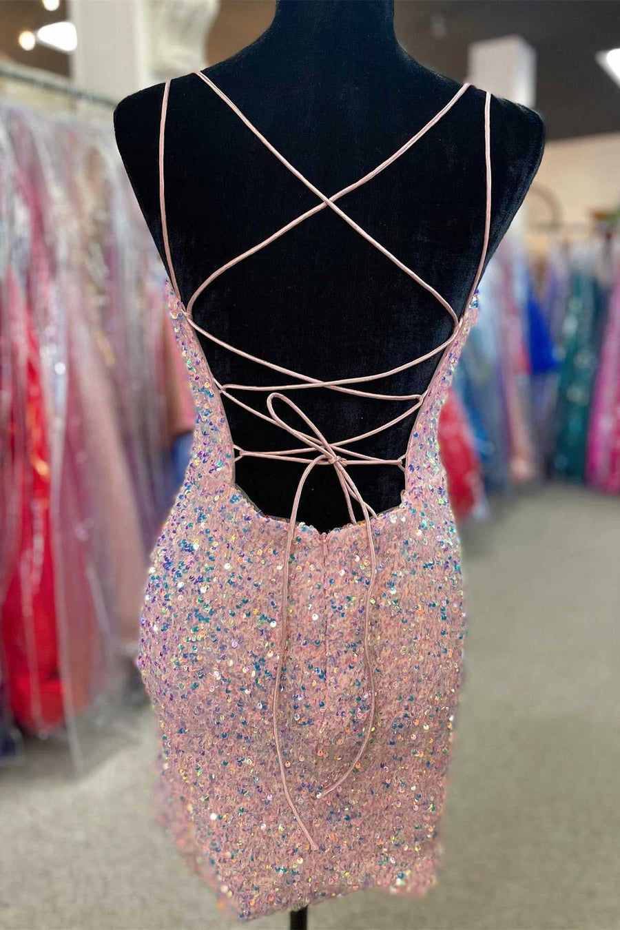 Blushing Pink Criss Cross Straps Sequined Mermaid Short Homecoming Dresses