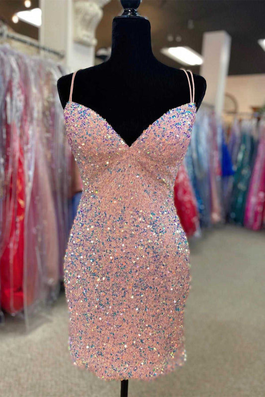 Peach Double Straps Bodycon Short Homecoming Dress with Sequins Front Side