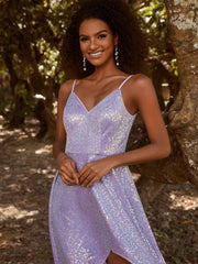 Shiny Hi-Lo Sequin V-Neck Backless Evening Dress with Spaghetti Straps