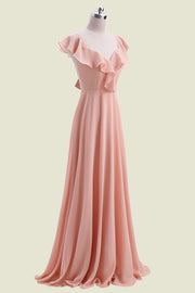 Pearl Pink V-Neck A-Line Chiffon Long Bridesmaid Dresses with Open Back