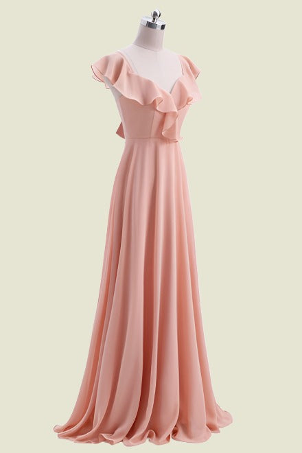 Pearl Pink V-Neck A-Line Chiffon Long Bridesmaid Dresses with Open Back