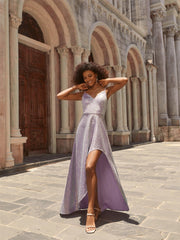 Shiny Hi-Lo Sequin V-Neck Backless Evening Dress with Spaghetti Straps
