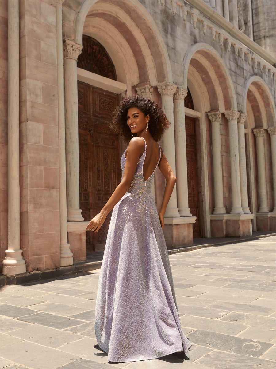 Shiny Hi-Lo Sequin V-Neck Backless Evening Dress with Spaghetti Straps