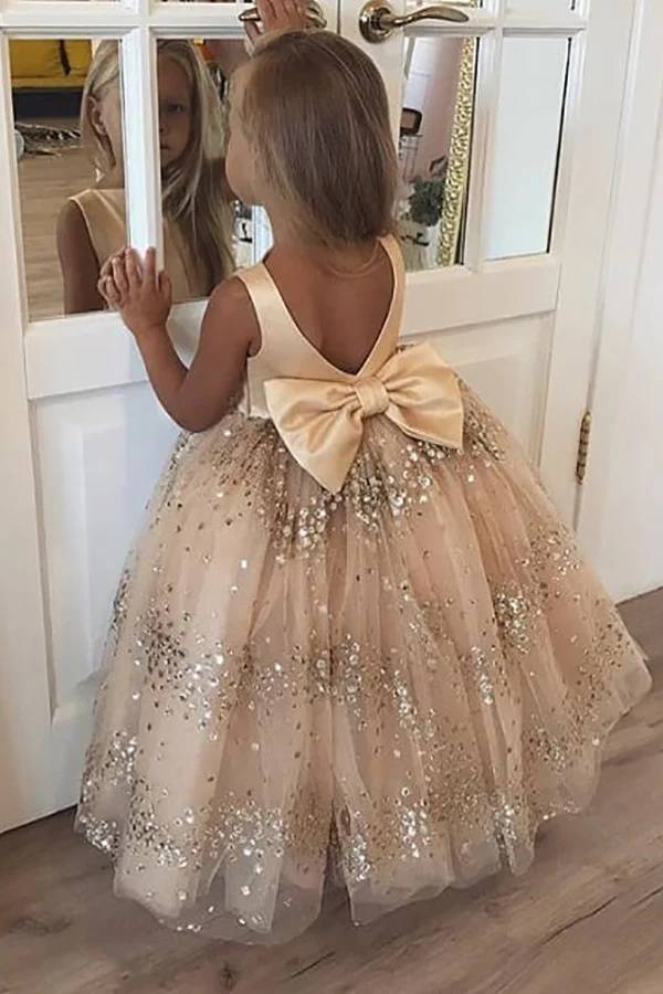 Sequined Ball Gown Tulle Backless Flower Girl Dresses with Bow