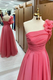 Trendy Floor-Length One-Shoulder A-Line Tulle Prom Dresses with Flower