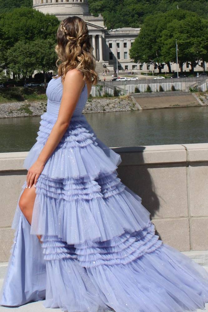 Lavender Tiered V-Neck A-Line Tulle Spaghetti Straps Formal Dresses