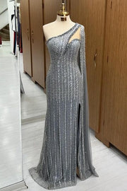 Stylish Floor-Length Sequined Mermaid One-Shoulder Split Front Prom Dresses with Watteau Train