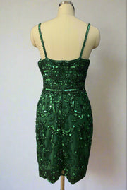 Green Beading V Neck Tight Homecoming Dress with Sequins Back Side