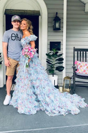 Fashionable Off-The-Shoulder A-Line Floral Prom Dresses with Slit