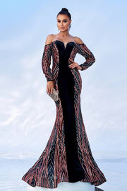 Mermaid Sequin Off-The-Shoulder V-Neck Evening Dresses with Long Sleeves