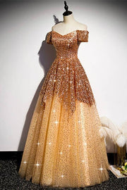 Gold Sequined Tulle Off-The-Shoulder A-Line Evening Dresses