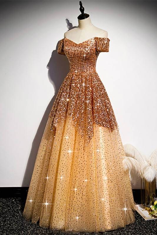 Gold Sequined Tulle Off-The-Shoulder A-Line Evening Dresses