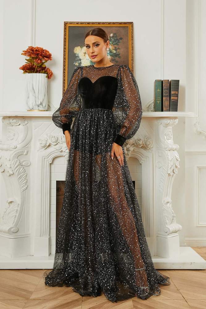 Black A-Line Long Sleeves Tulle Sequin Prom Dresses