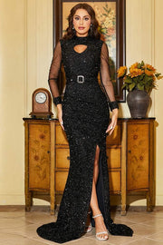 Black High Neck Sequined Long Sleeves Evening Dresses with Slit