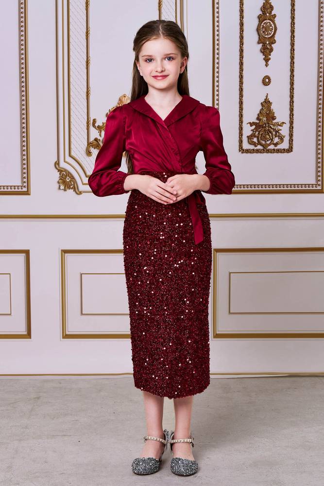 Red V-Neck Tea-Length Sequin Teen Girl Prom Dresses with Long Sleeves