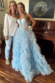 Sky Blue Spaghetti Straps Tulle Long A-Line Wedding Dresses Sweep Train with Slit