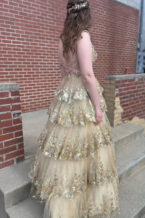 Gold Sequined A-Line Off-The-Shoulder Tulle Party Dresses with Ruffles