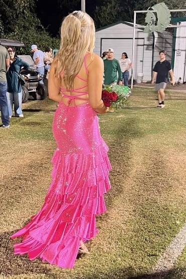 Pink Tiered Spaghetti Straps Sequined Mermaid Prom Dresses with Slit