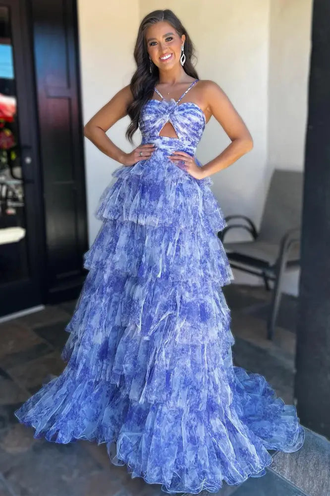 Tiered A-Line Print Floral Tulle Prom Dresses