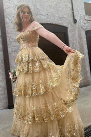 Gold Sequined A-Line Off-The-Shoulder Tulle Party Dresses with Ruffles