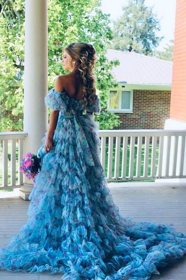 Fashionable Off-The-Shoulder A-Line Floral Prom Dresses with Slit