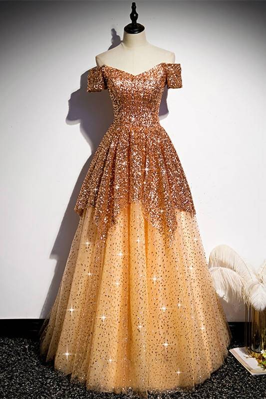 Gold Sequined Tulle Off-The-Shoulder A-Line Evening Dresses