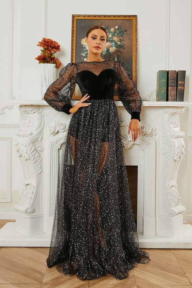 Black A-Line Long Sleeves Tulle Sequin Prom Dresses