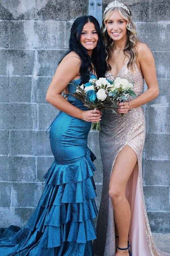 Blue Tiered Spaghetti Straps Sequined Mermaid Prom Dresses with Slit