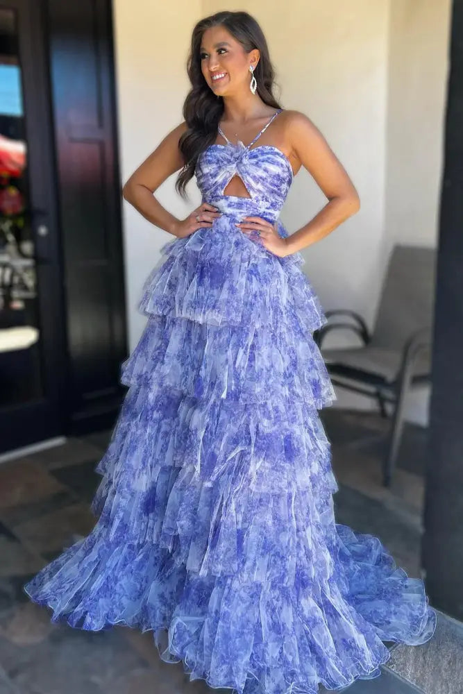 Tiered A-Line Print Floral Tulle Prom Dresses